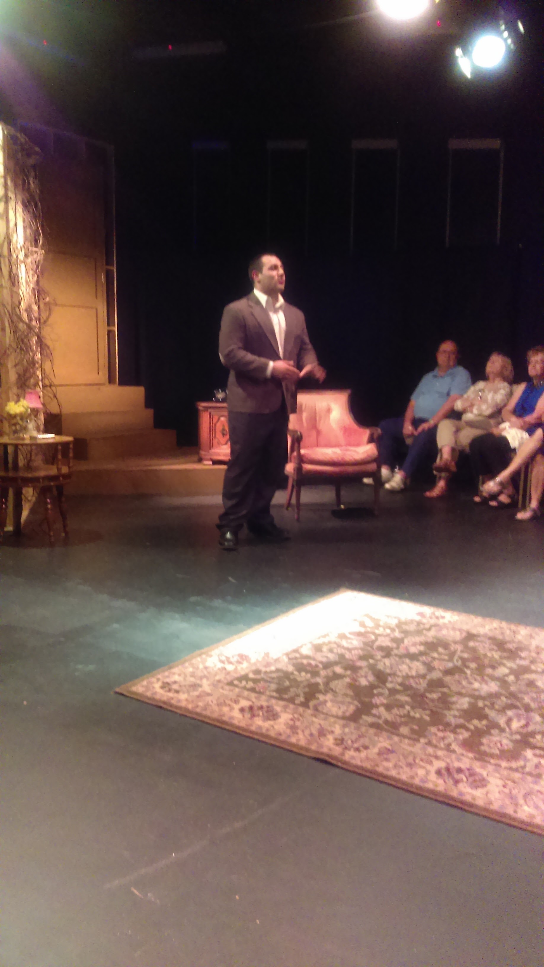 Another photo of Vincent Pensabene performing in the play "A Murder Is Announced" at Saint Leo University in 2016